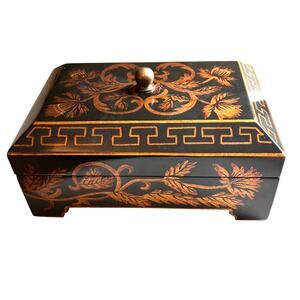 Ornate wooden jewelry box lift ff lid velvet tray black brown gold lacquer